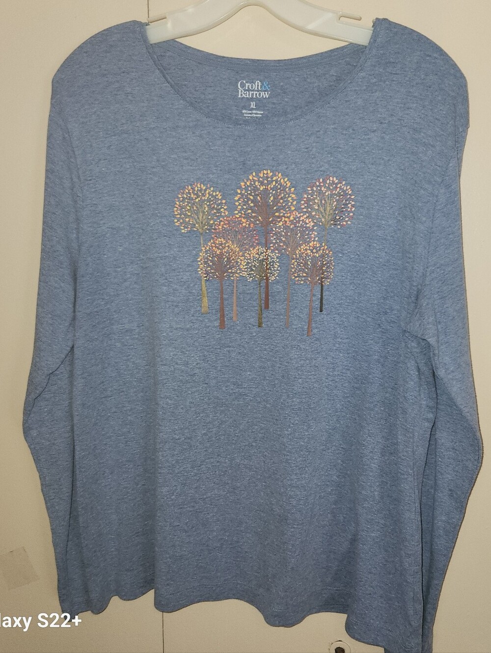 Croft & Barrow Heather Blue Long-Sleeve Tee with Colorful Fall Tree Graphic